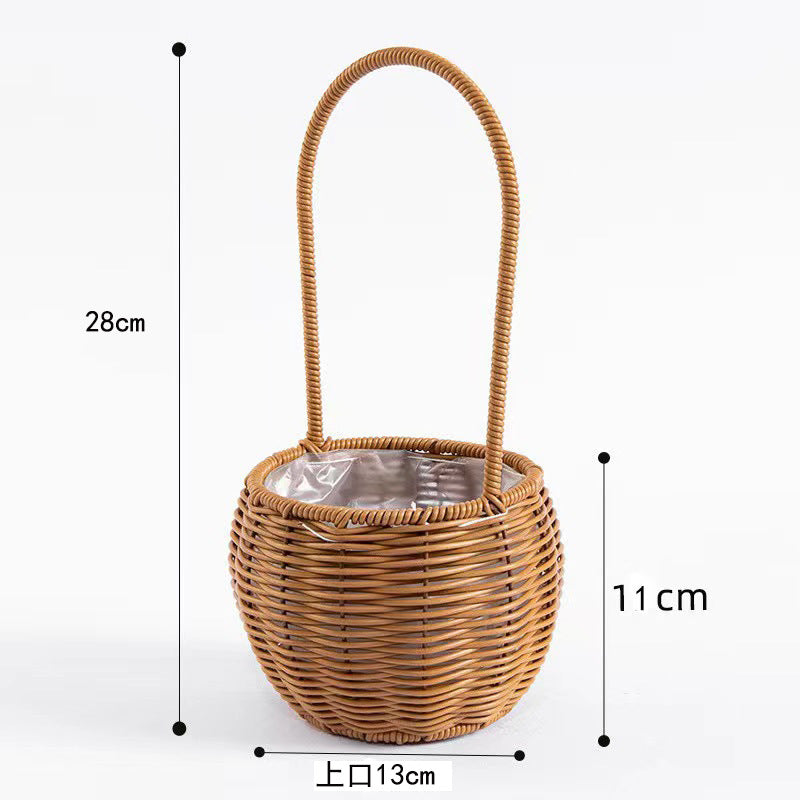 Hand-Woven Retro Flower Basket - Portable Picnic Storage Basket with Iron Frame for Flowers & Green Plants
