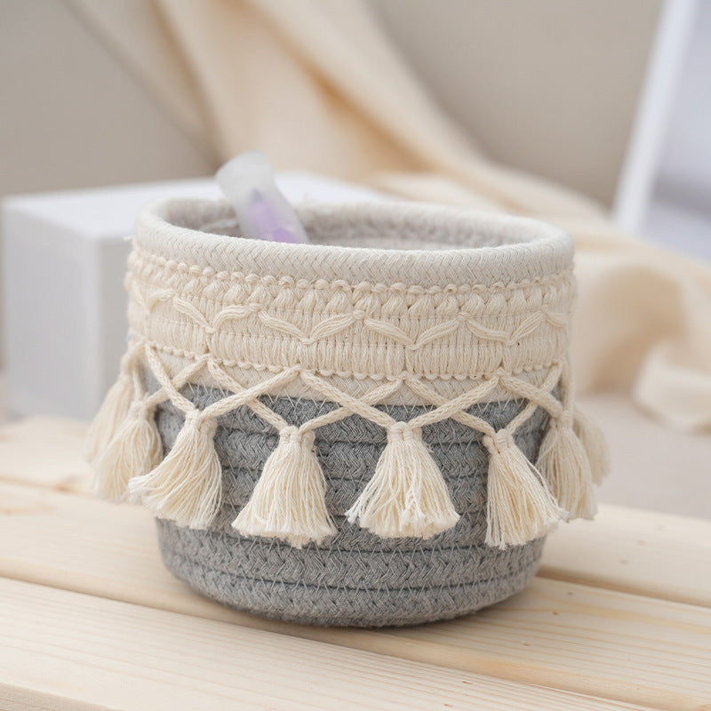 Retro Tassel Cotton Rope Storage Basket – Creative Desktop Organizer & Pen Holder