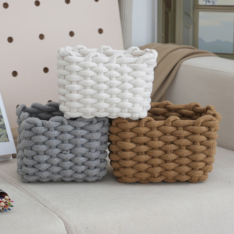 Japanese-Style Cotton Rope Storage Basket – Fabric Desktop Organizer for Cosmetics & Sundries