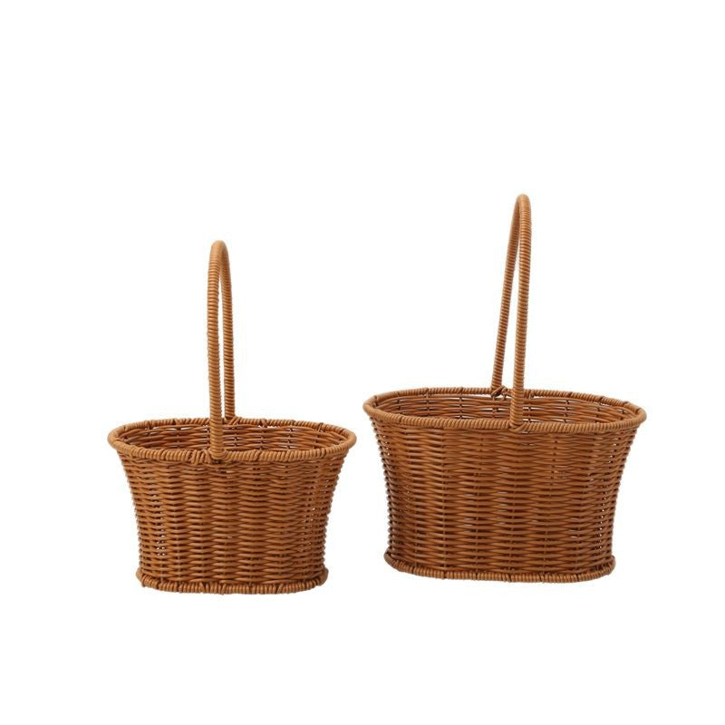 Hand-Woven Retro Flower Basket - Portable Picnic Storage Basket with Iron Frame for Flowers & Green Plants