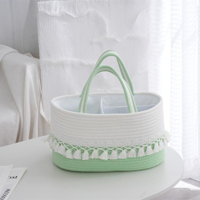Baby Diaper Storage Basket – Hand-Woven Toy Organizer with Tassel & Detachable Compartments