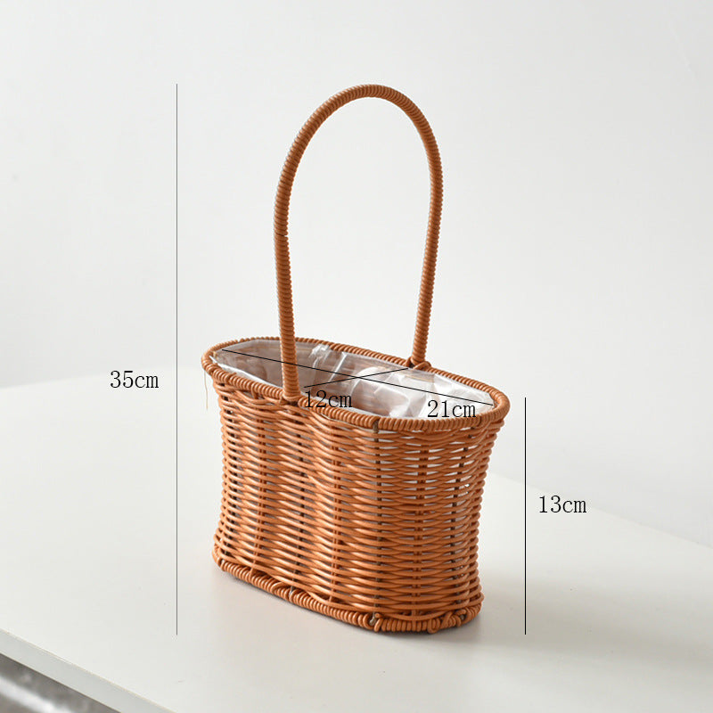 Hand-Woven Retro Flower Basket - Portable Picnic Storage Basket with Iron Frame for Flowers & Green Plants