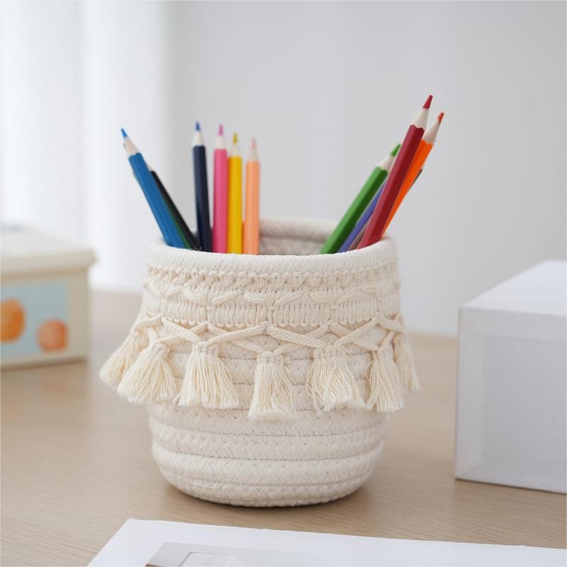 Retro Tassel Cotton Rope Storage Basket – Creative Desktop Organizer & Pen Holder