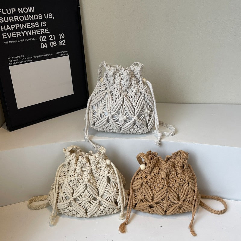 Handmade Woven Bucket Bag – Summer Beach Bag for Women in Forest & INS Style
