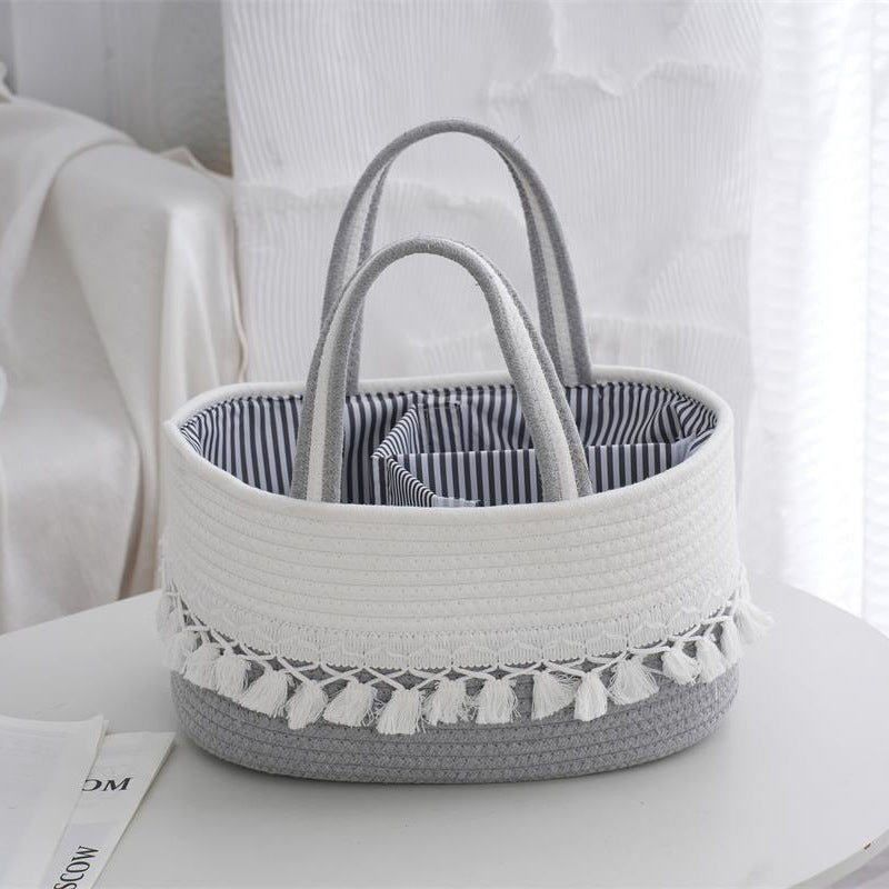 Baby Diaper Storage Basket – Hand-Woven Toy Organizer with Tassel & Detachable Compartments