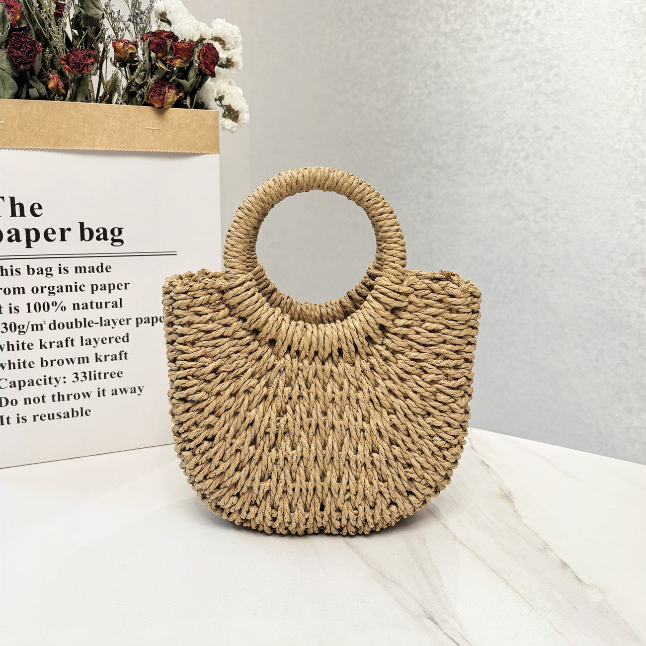 Handmade Straw Shoulder Bag – Solid Color Casual Handbag for Women