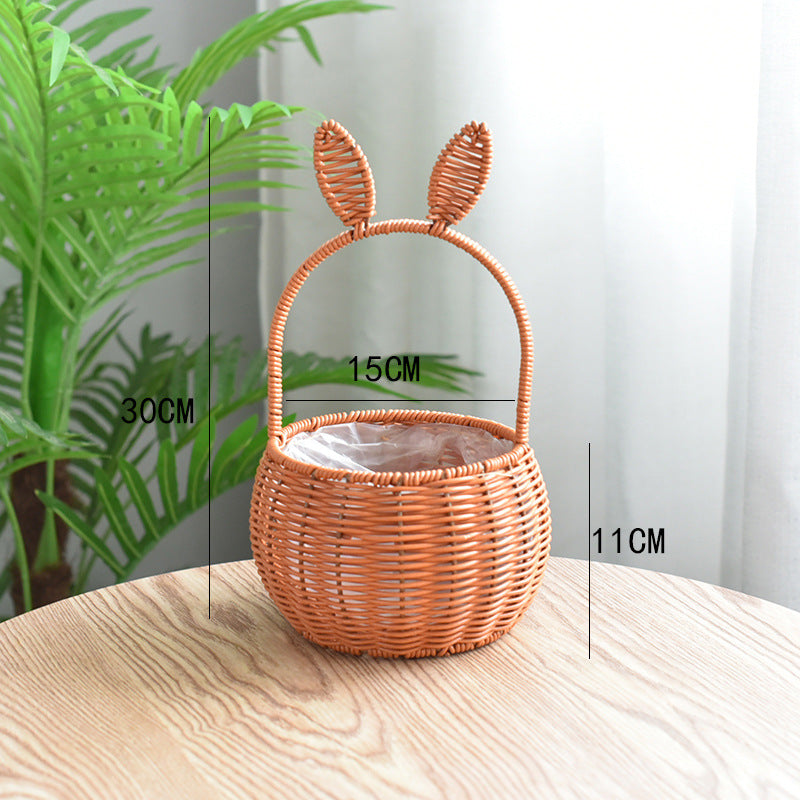 Hand-Woven Retro Flower Basket - Portable Picnic Storage Basket with Iron Frame for Flowers & Green Plants