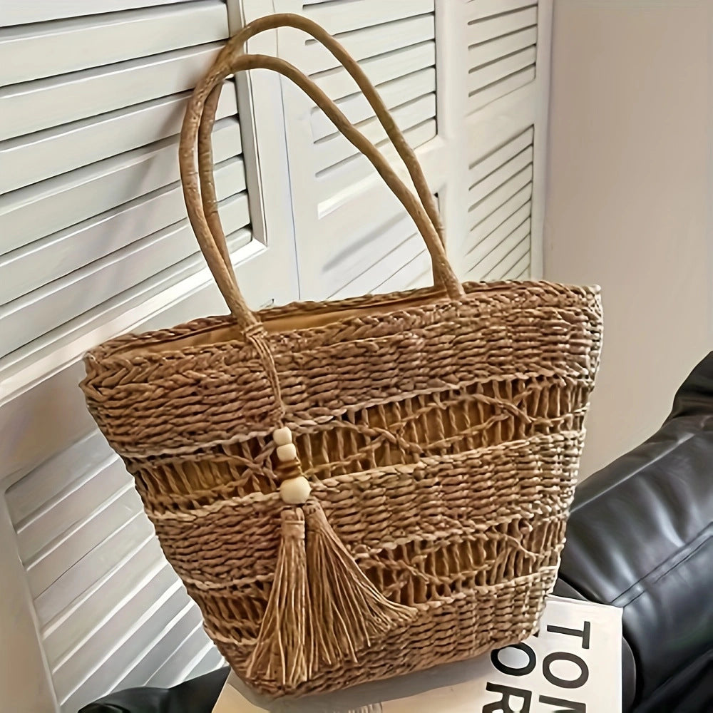 Holiday Style Straw Woven Bag – Handmade Shoulder Tote for Women