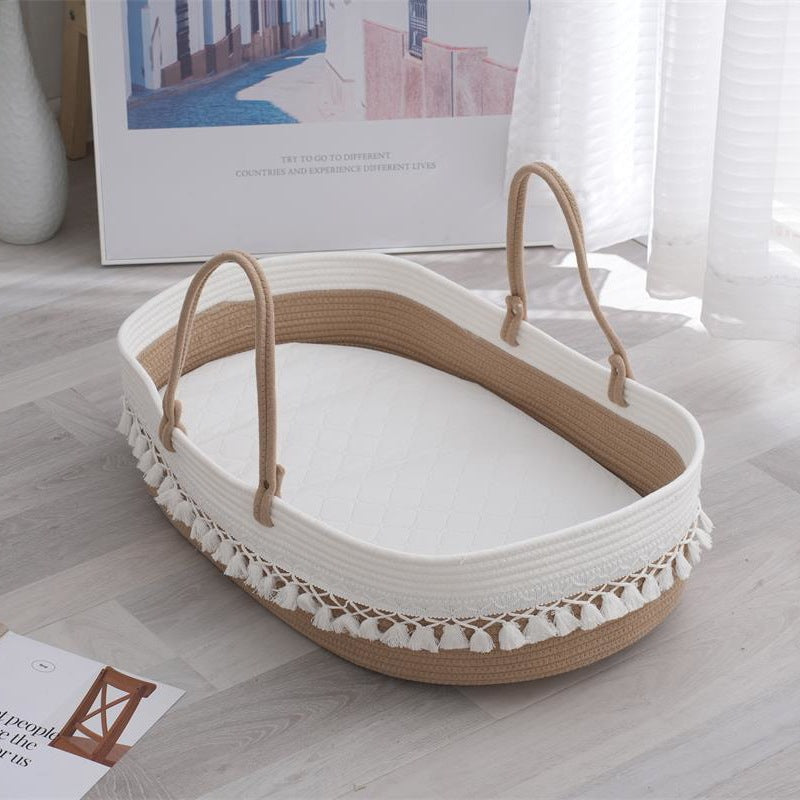 Tassel Baby Cradle Basket – Cotton Rope Woven Sleeping & Diaper Storage Basket