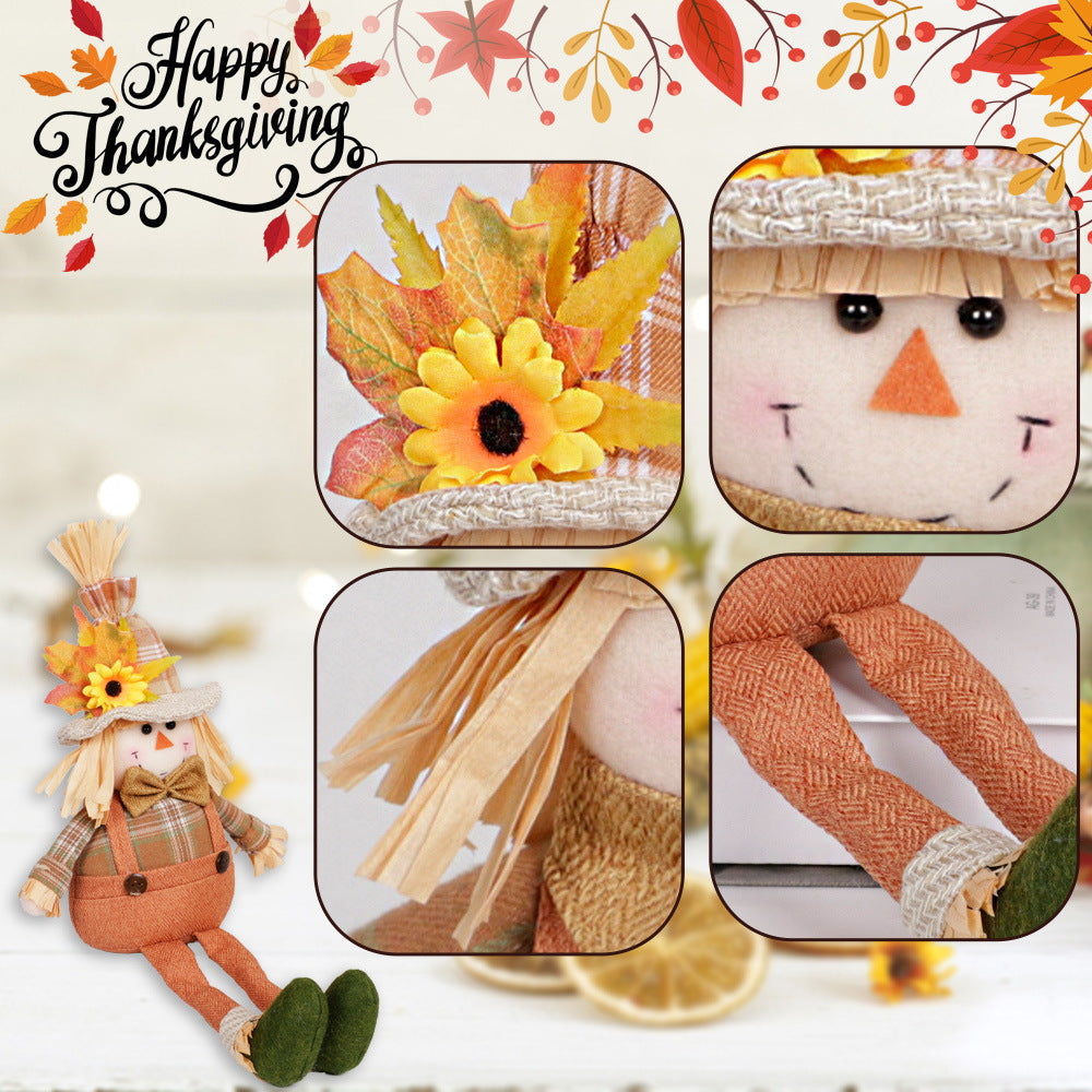 Harvest Scarecrow Doll – Long-Legged Fall Ornament with Sunflower & Maple Leaf
