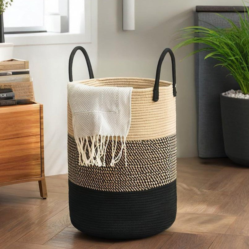 Cotton rope woven basket dirty clothes basket laundry basket sundries toy storage organization double handle high round