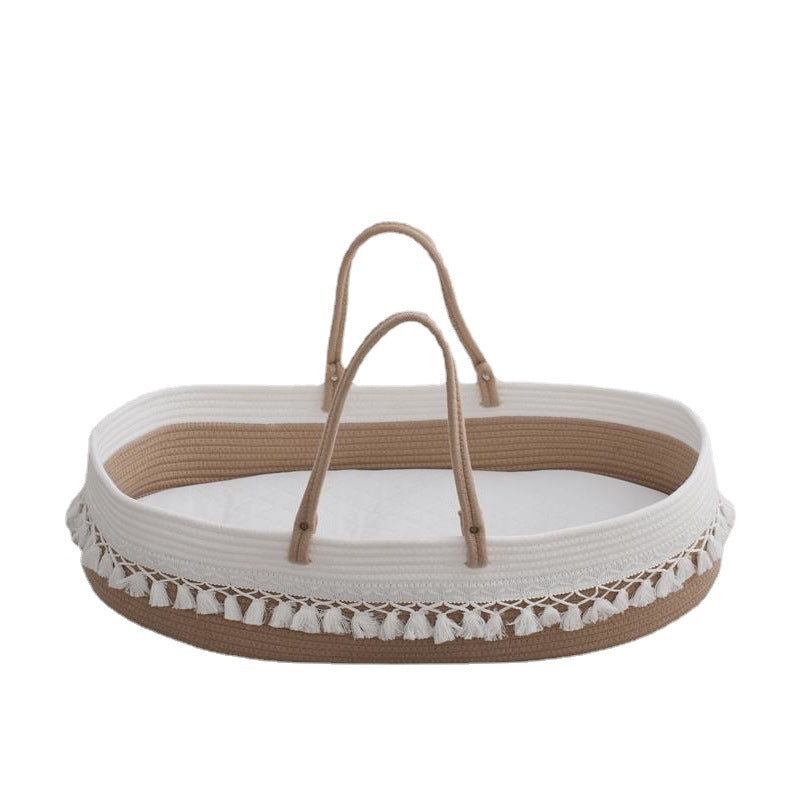 Tassel Baby Cradle Basket – Cotton Rope Woven Sleeping & Diaper Storage Basket