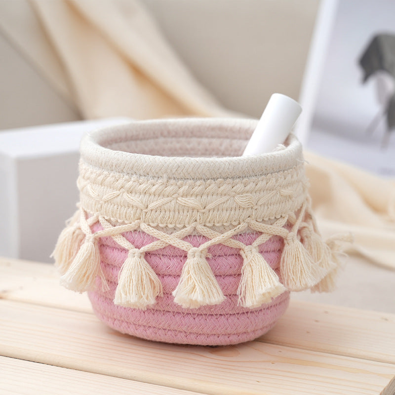 Retro Tassel Cotton Rope Storage Basket – Creative Desktop Organizer & Pen Holder