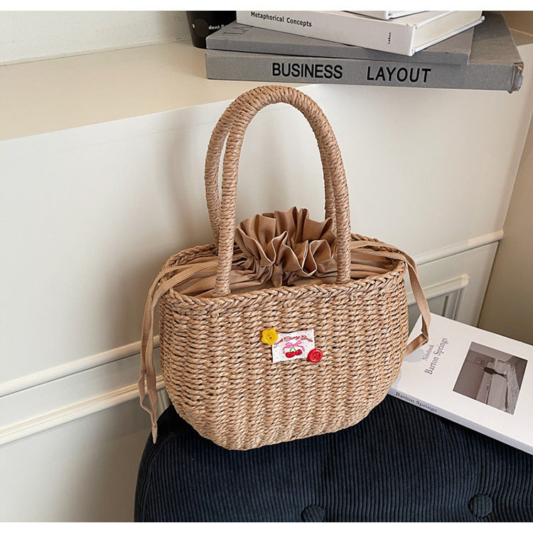 Hand-Woven Straw Beach Bag – Holiday Drawstring Casual Handbag for Women