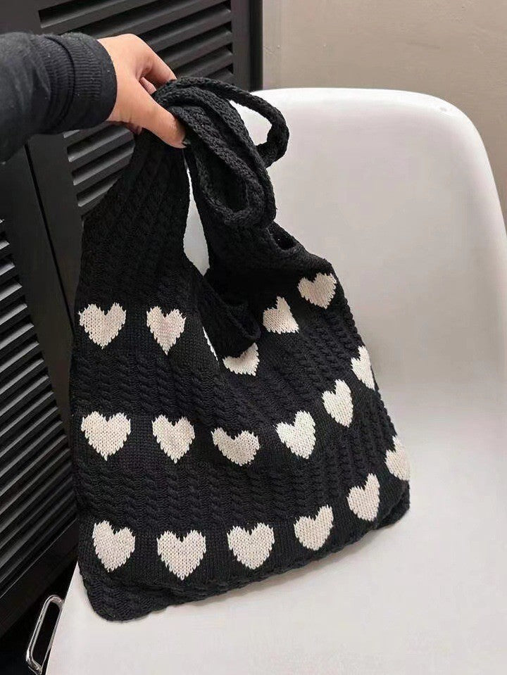 Handmade Knitted Underarm Bag – Summer Wool Shoulder Bag with Heart Design