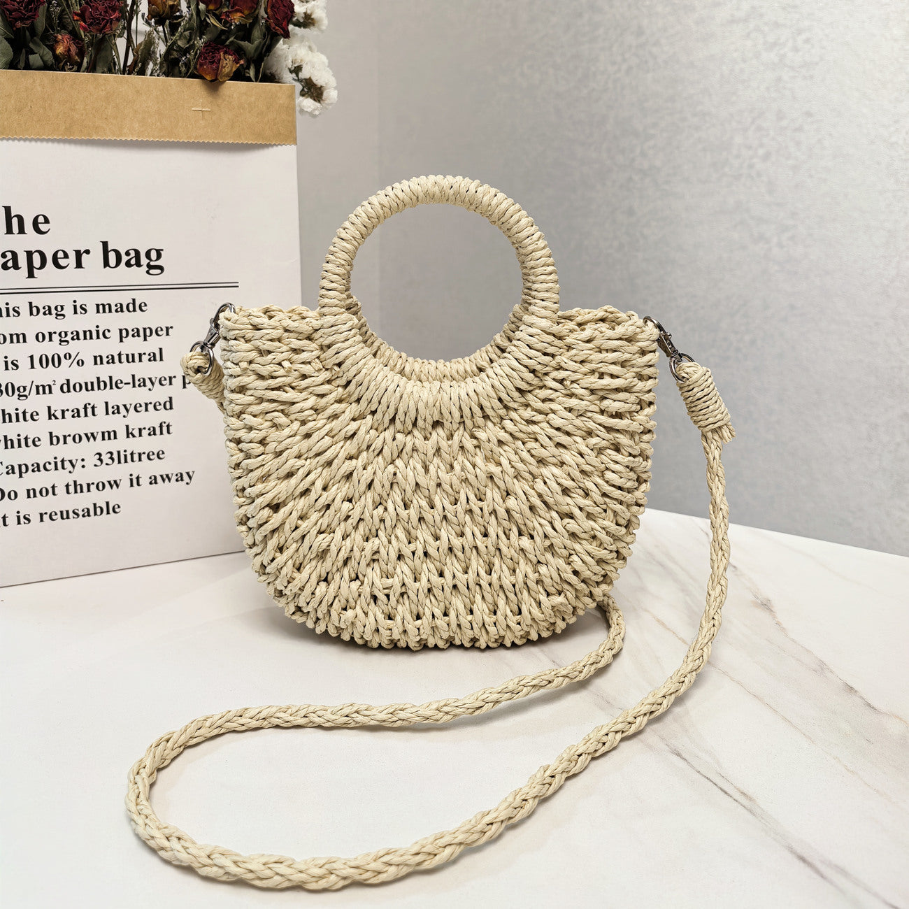 Handmade Straw Shoulder Bag – Solid Color Casual Handbag for Women