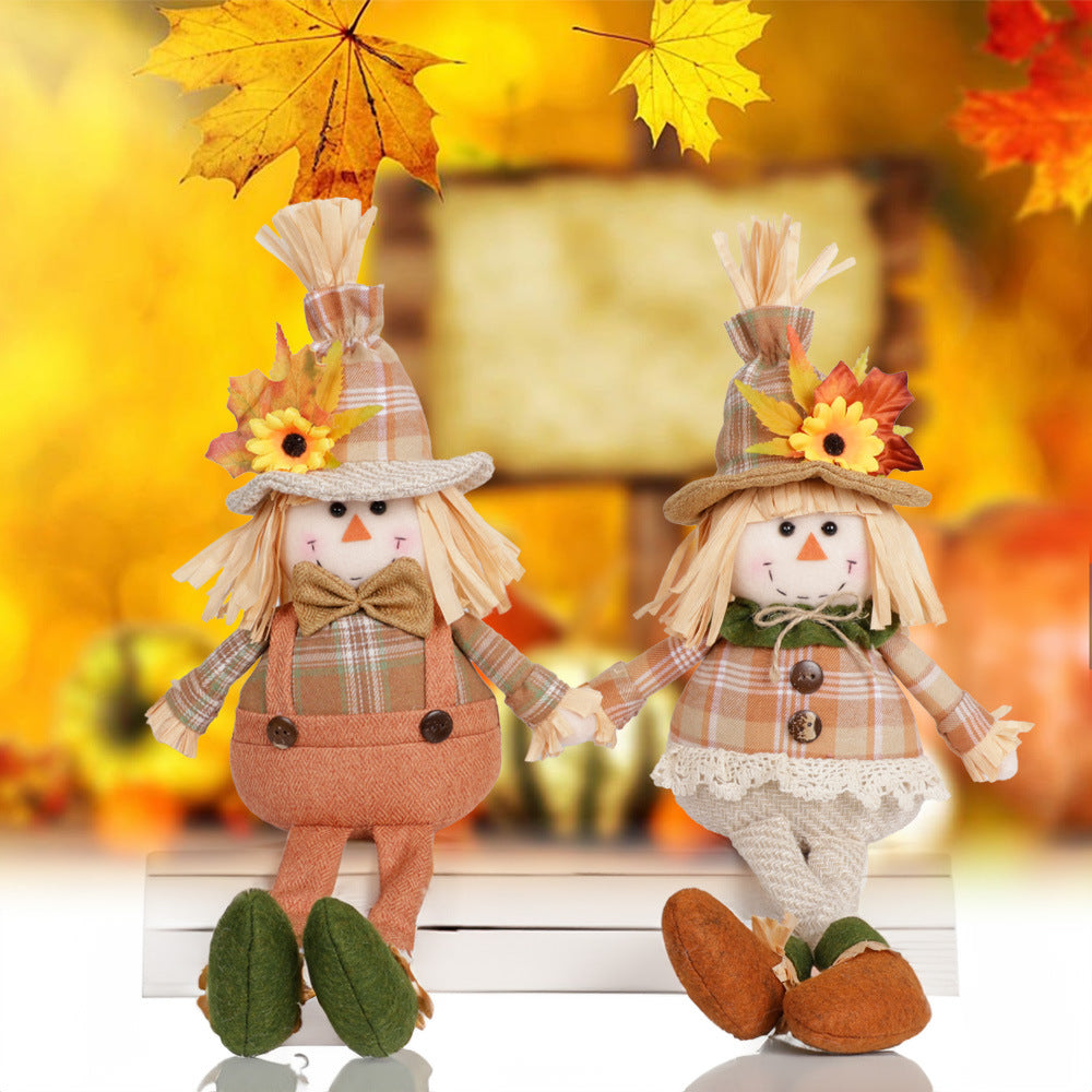 Harvest Scarecrow Doll – Long-Legged Fall Ornament with Sunflower & Maple Leaf