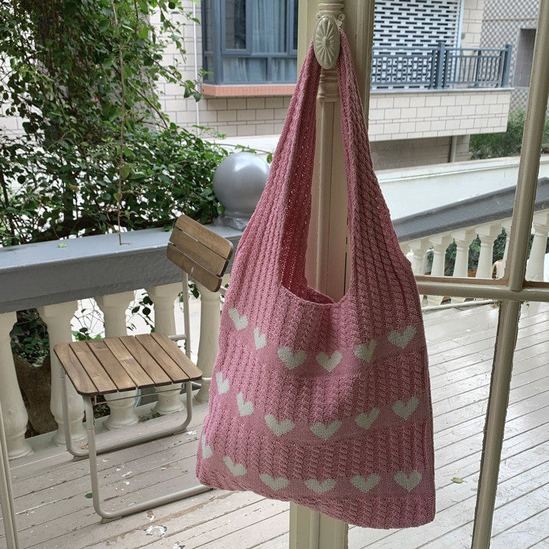 Handmade Knitted Underarm Bag – Summer Wool Shoulder Bag with Heart Design