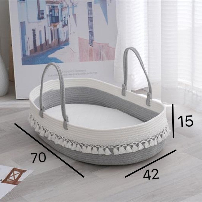 Tassel Baby Cradle Basket – Cotton Rope Woven Sleeping & Diaper Storage Basket