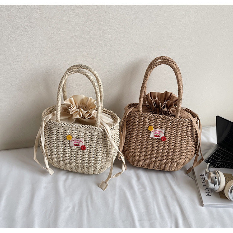 Hand-Woven Straw Beach Bag – Holiday Drawstring Casual Handbag for Women