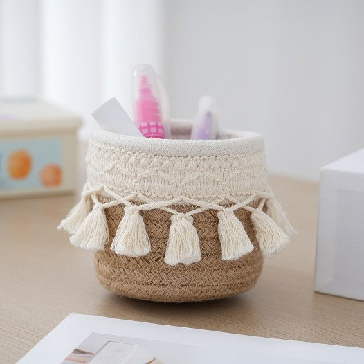 Retro Tassel Cotton Rope Storage Basket – Creative Desktop Organizer & Pen Holder