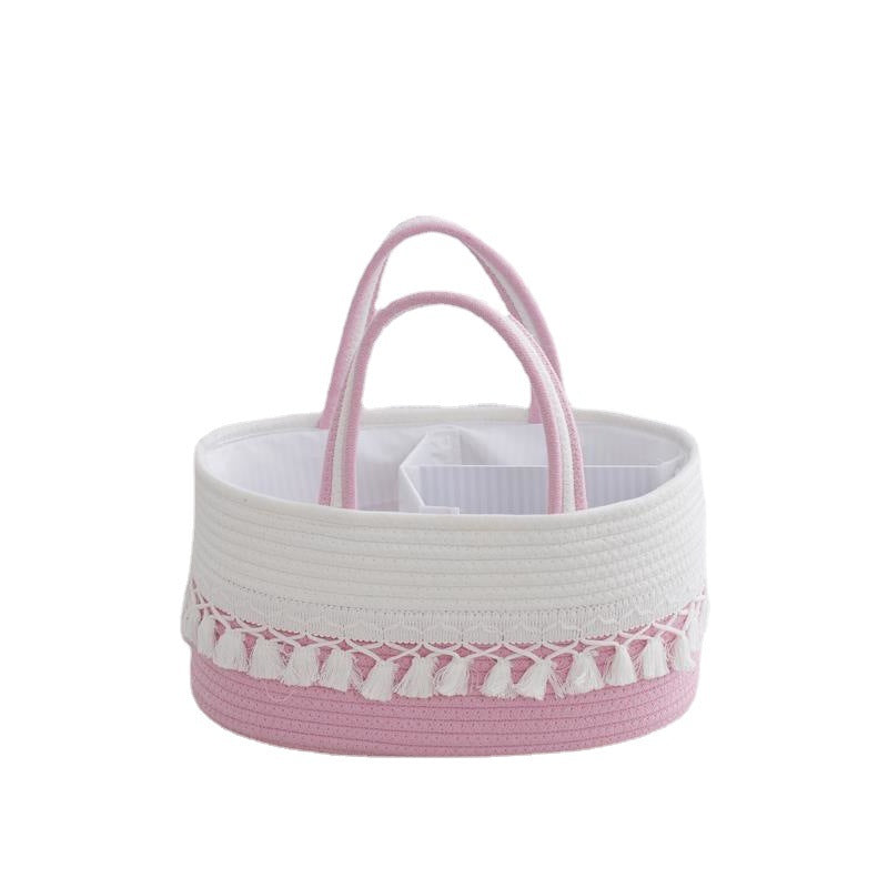 Baby Diaper Storage Basket – Hand-Woven Toy Organizer with Tassel & Detachable Compartments