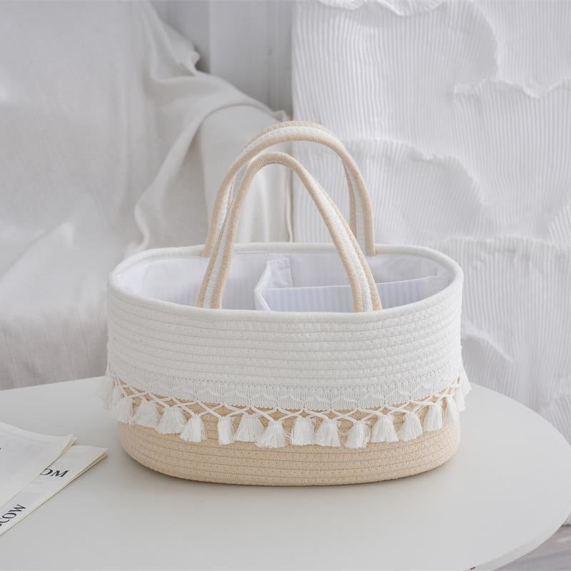 Baby Diaper Storage Basket – Hand-Woven Toy Organizer with Tassel & Detachable Compartments